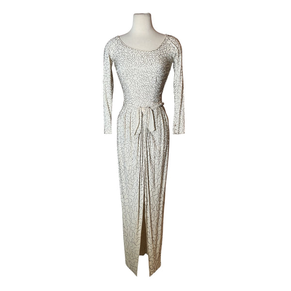 Vintage 1940s beaded Ceil Chapman White Long Sleeve Slit Gown