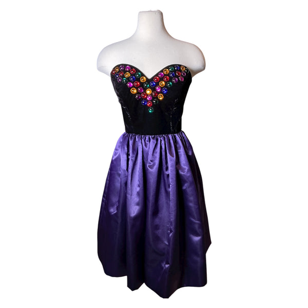 Vintage 80's Morton Myles Beaded Cabochon Duchess Satin Velvet Tea Length Strapless Party Dress