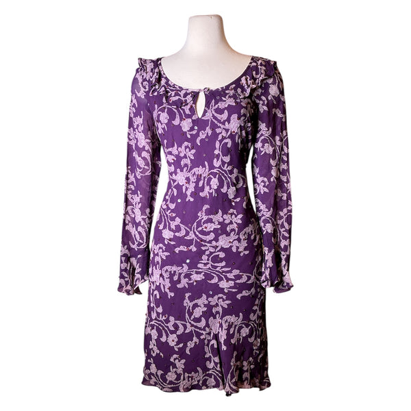 Vintage Y2K Rayon Bias Cut Long Sleeve Plum Floral Sequin Dress