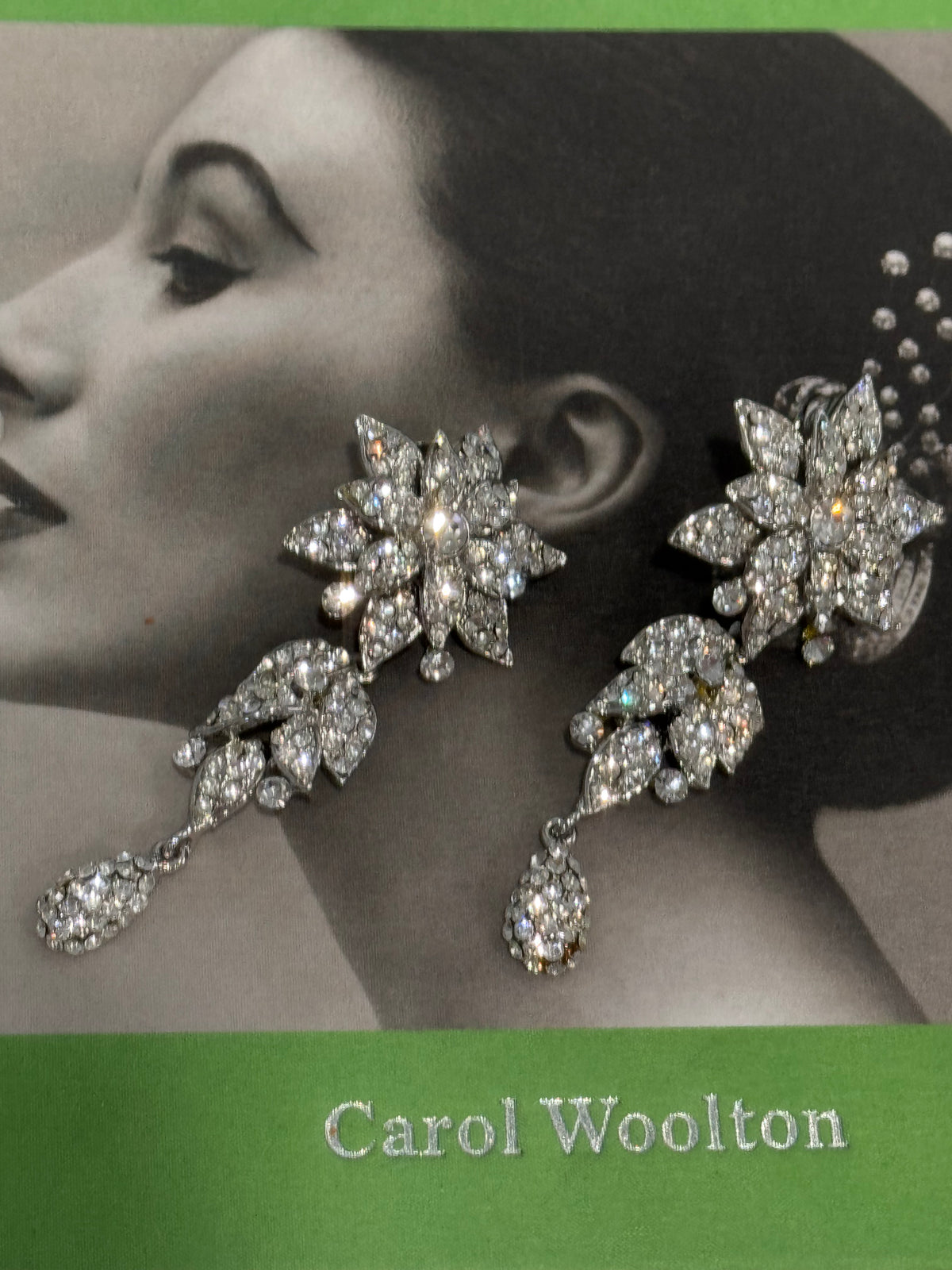 Vintage 1980s Statement CZ Flower Drop Crystal Clip Earrings