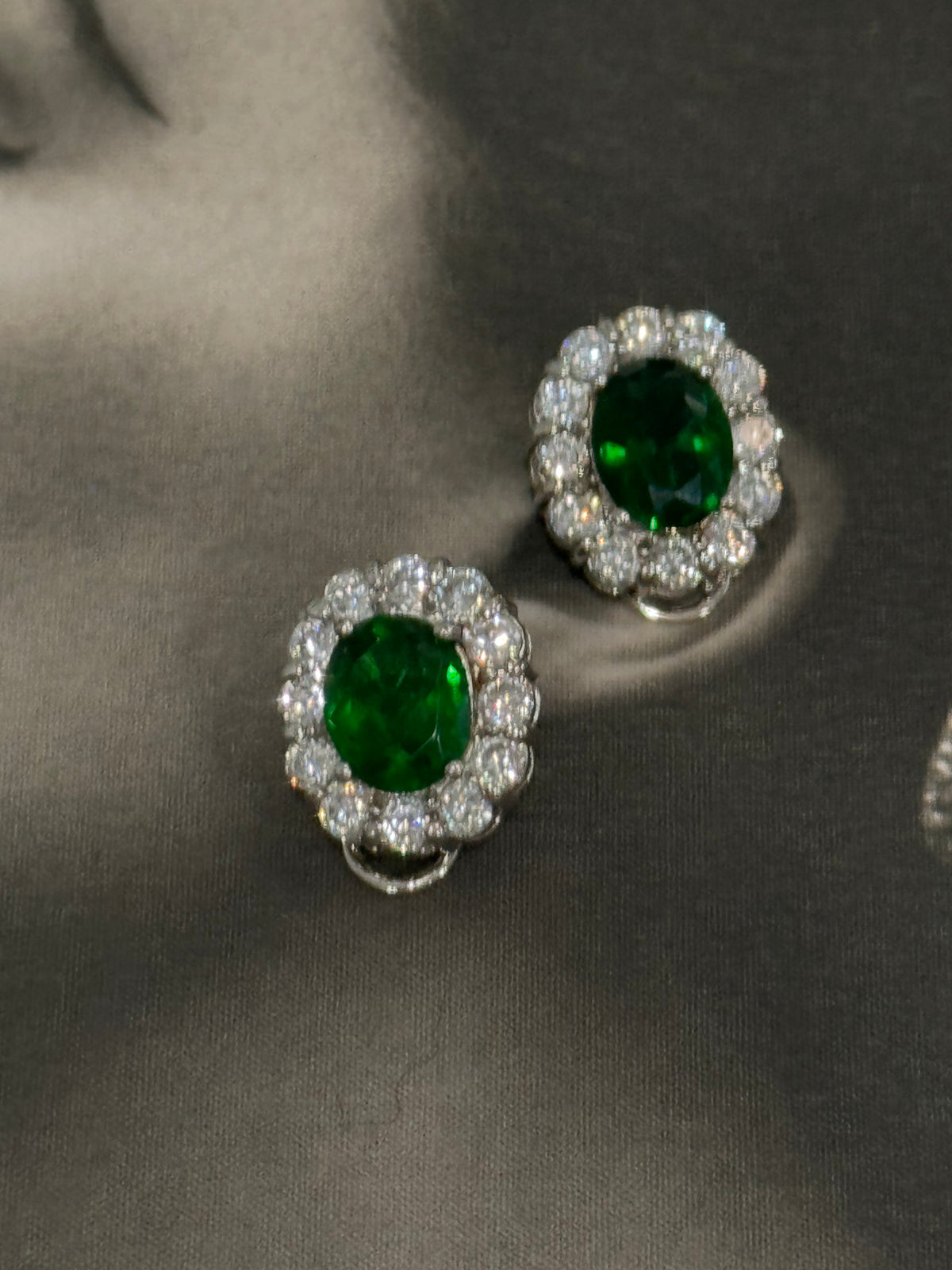 Vintage 1980s Crystal  Frame Oval Emerald CZ Clip Earrings