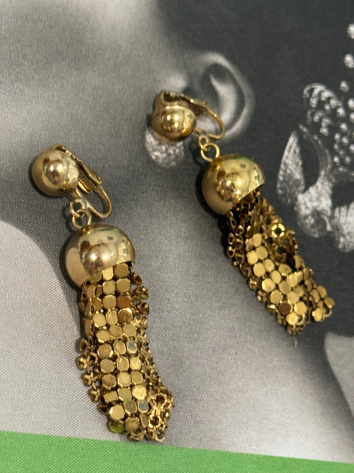 Vintage 1970s Gold Chainmail Mesh Fringe Drop Clip Disco Earrings
