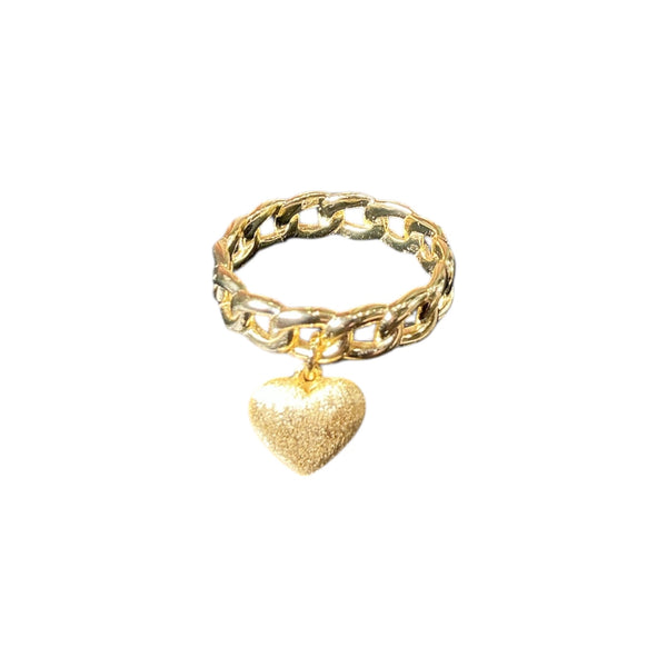 925 Bubble Heart Charm Cuban Link Ring