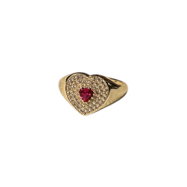 925 Heart Pave Ruby CZ Signet Ring
