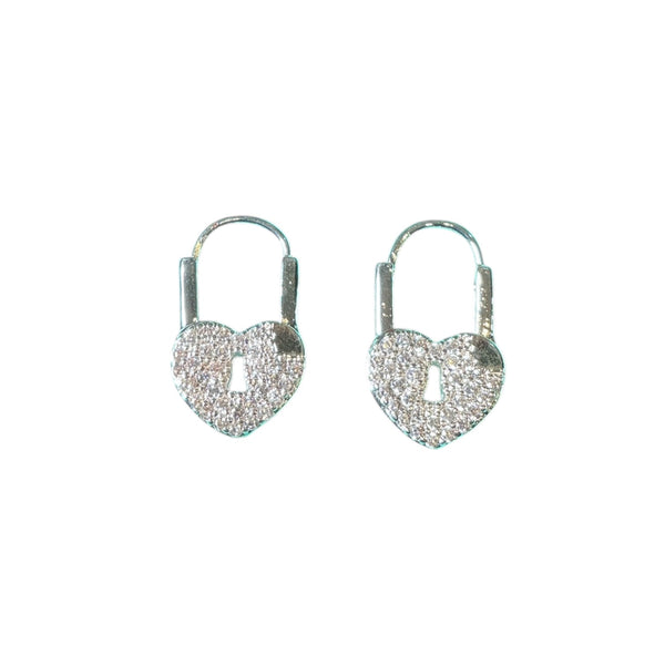 Pave Love Heart Lock Earrings - Silver
