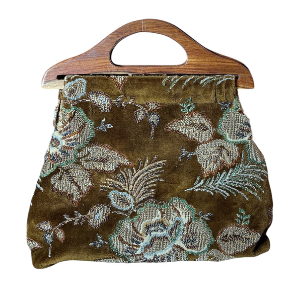 Vintage 1990S Carpet Beaded Tapestry Wooden Handle Hand Bag