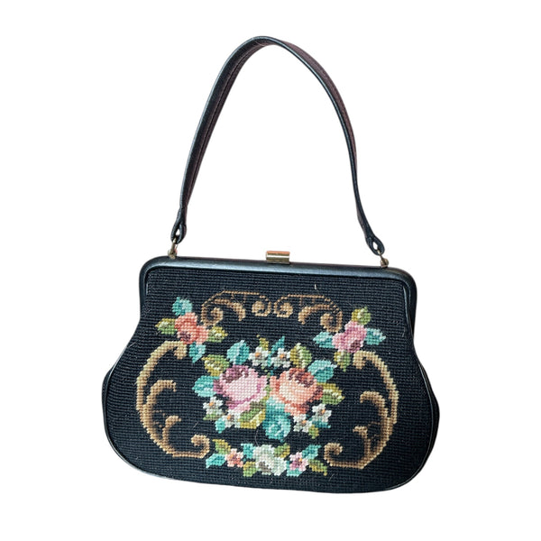 1950s Needle Point Tapestry Leather Strap Shoulder Bag