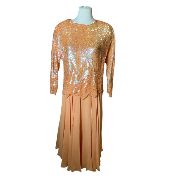 1980s Silk Oleg Cassini 2pc Sequin Silk Chiffon Beaded Top & Skirt Set