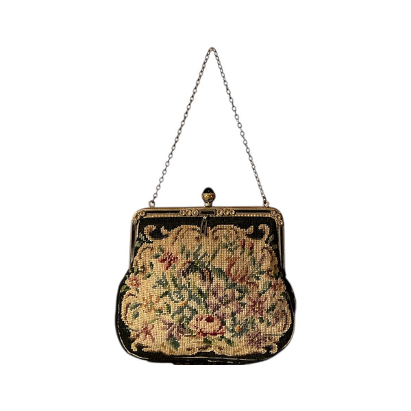 Vintage 1930s Art Nouveau Needlepoint Floral Tapestry Mini Frame Handbag Purse