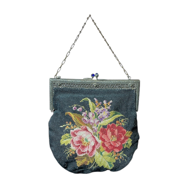 Vintage 1920s 30s Needlepoint Floral Tapestry Mini Kisslock Bag Purse