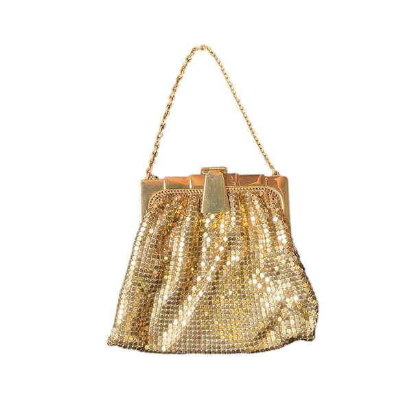 Vintage 1920s Whiting & Davis Gold Chainmail Mesh Mini Pouch Frame Bag Purse