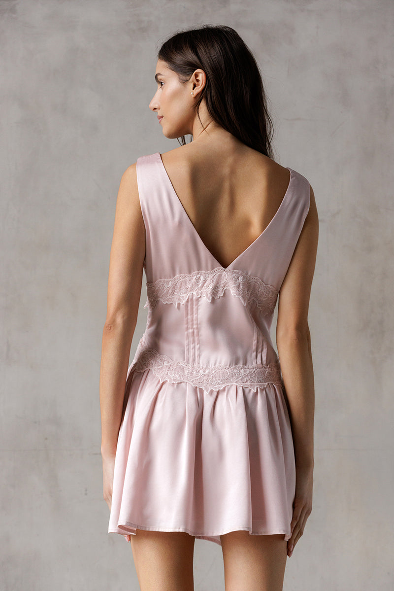 Savannah Drop Waist Lace Trim Skater Dress - Rose Quartz