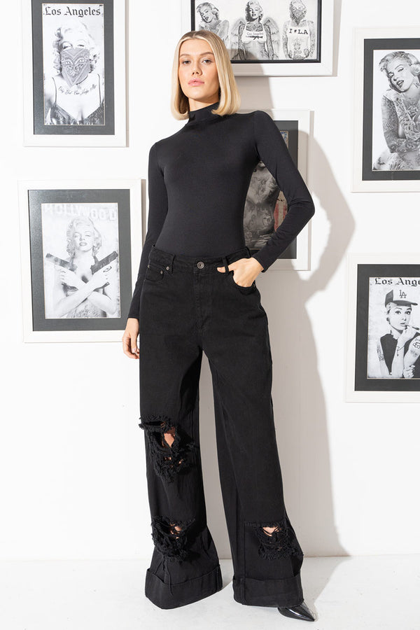 Mila Slim Fit Mock Neck Long Sleeve Turtle Top - Black