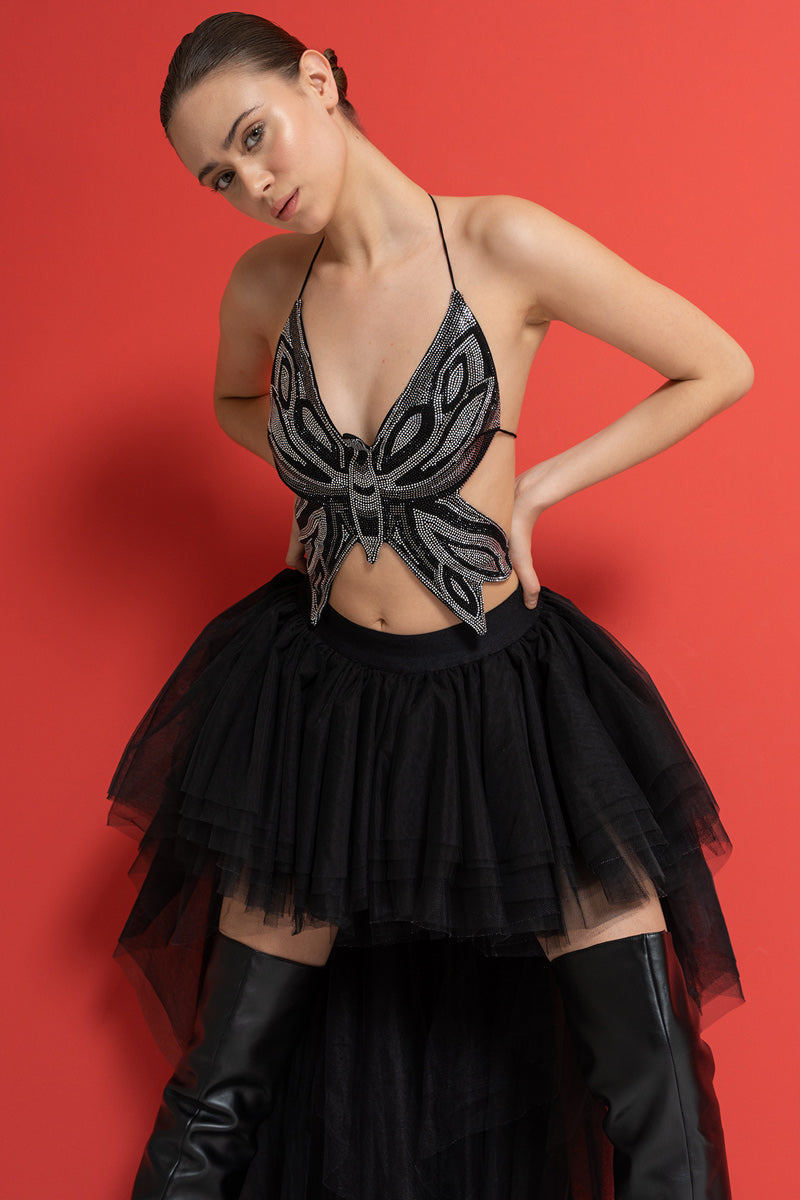 Monarch Y2K Rhinestone Butterfly Halter Crop Top - Black