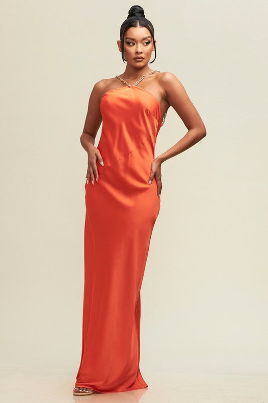 Kumquat Satin Chain Halter Slip Maxi Gown Dress -Tangerine