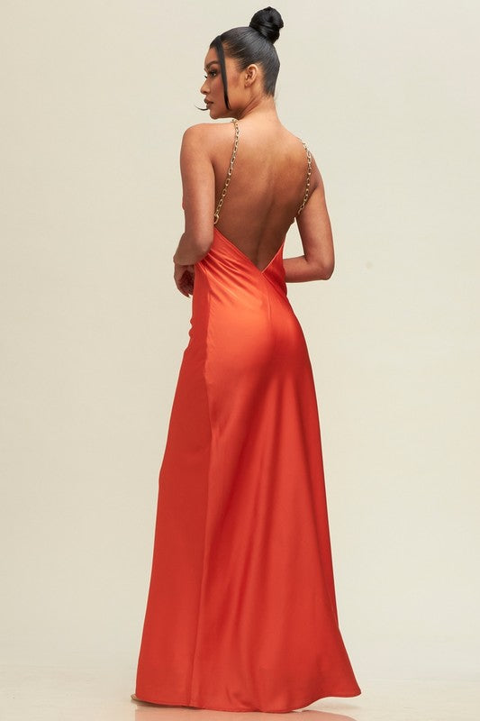 Kumquat Satin Chain Halter Slip Maxi Gown Dress -Tangerine