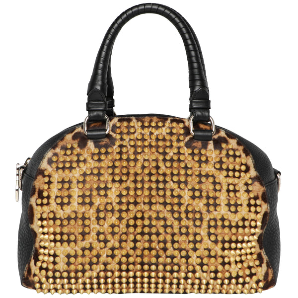 Y2K Christian Louboutin Pannetone Spike Leather Leopard Bowler Bag w/ Crossbody Strap