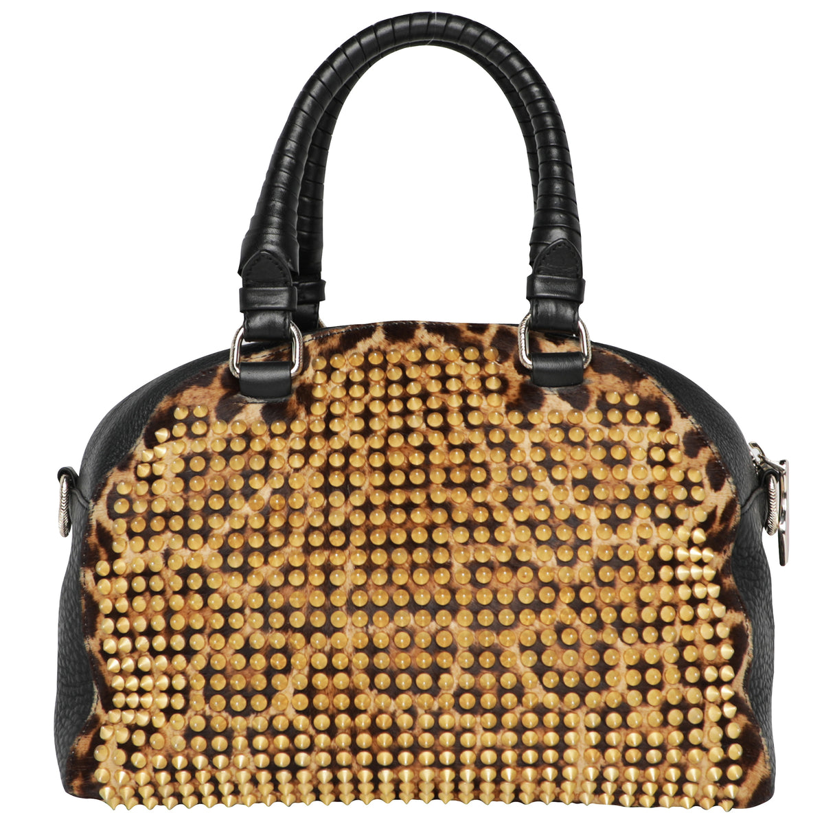 Y2K Christian Louboutin Pannetone Spike Leather Leopard Bowler Bag w/ Crossbody Strap