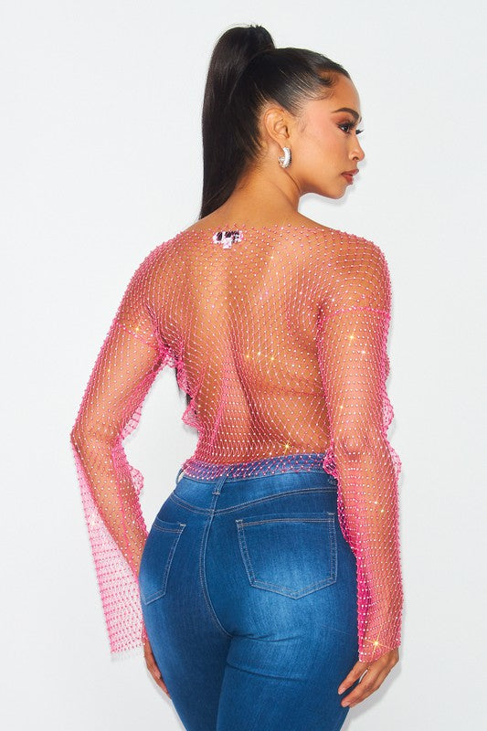 Lexi Sparkle Rhinestone Sheer Fishnet Long Sleeve Crop Top - Pink