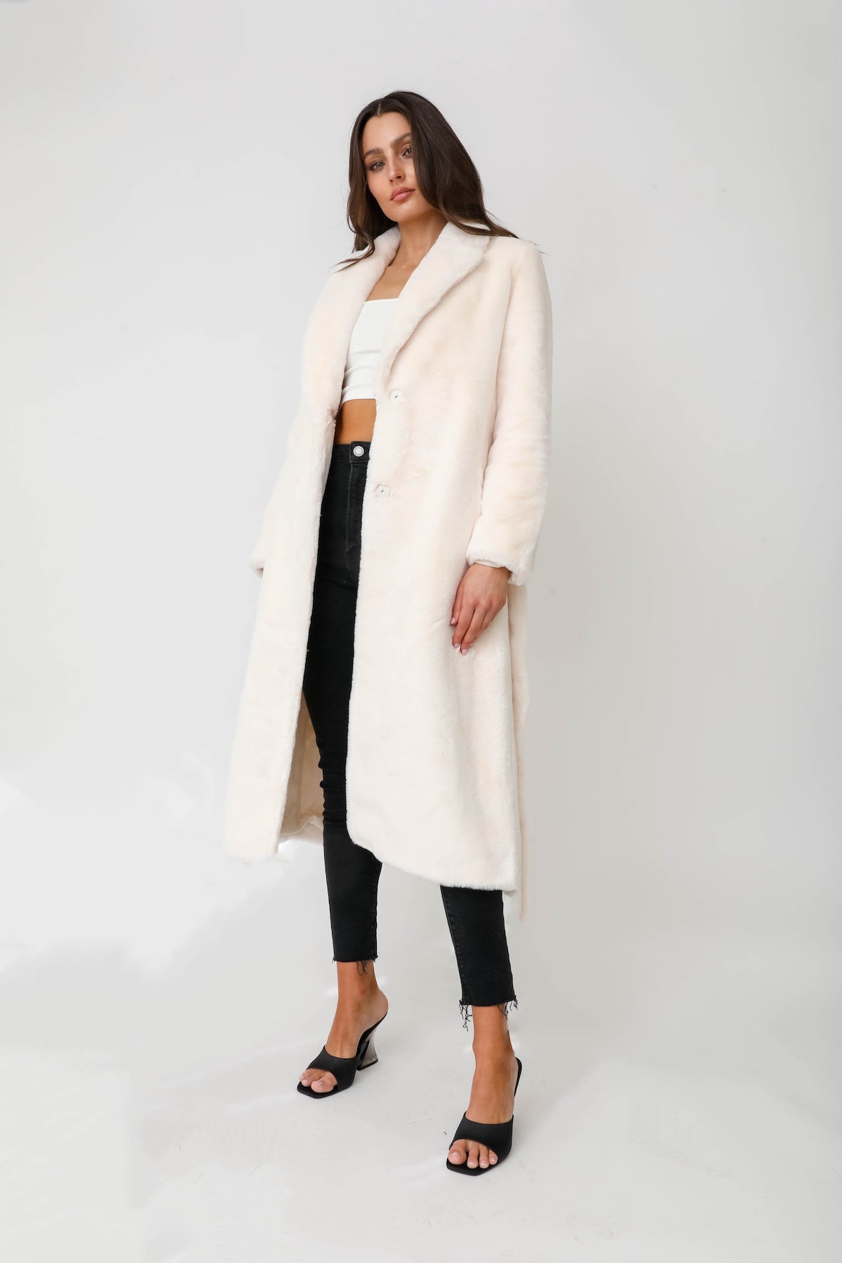 Loren Faux Chinchilla Fur Wrap Collar Coat w/ Belt - White