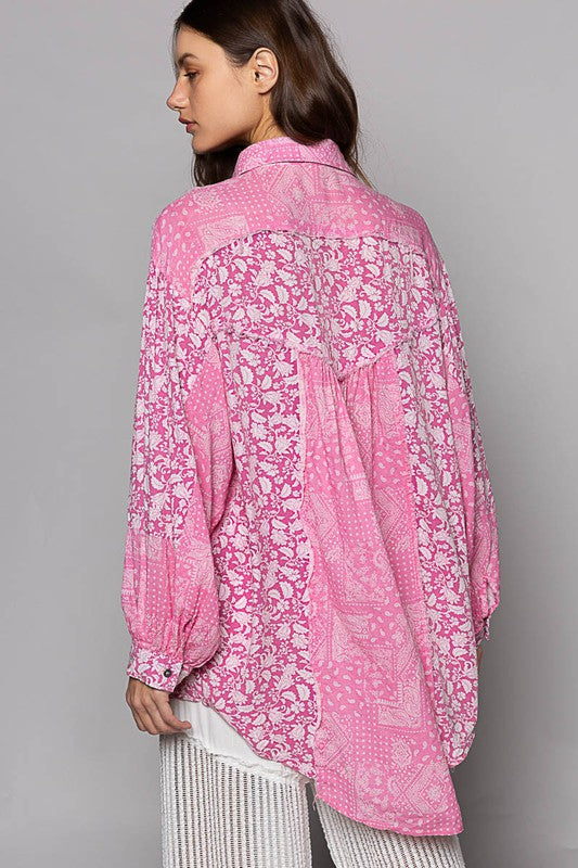 Louisa Patchwork Floral Button Down Cotton Oversize Blouse - Pink