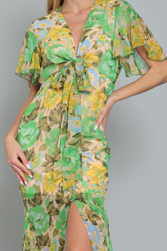 Mindy Floral Cap Sleeve Chiffon Button Down Maxi Dress