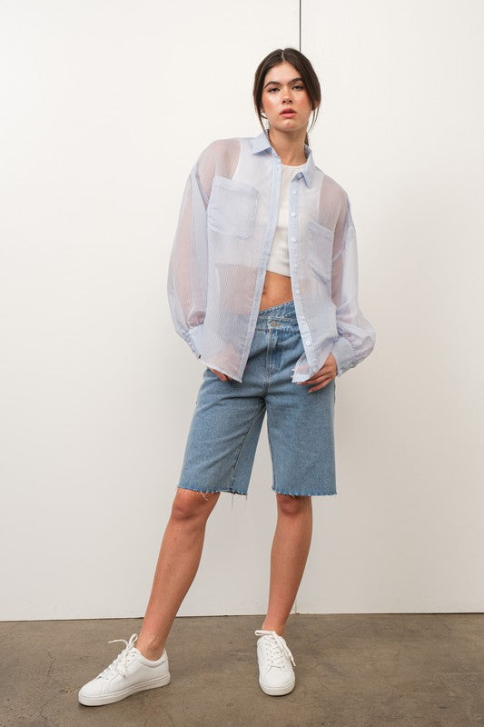 Mindy Sheer Stripe Button Down Oversize Blouse