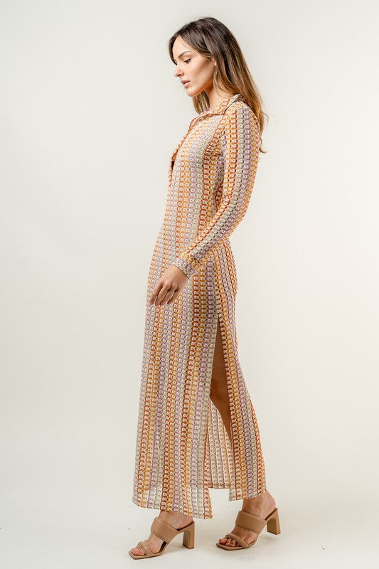 Marrakech 70s Style Rainbow Open Knit Collared Sheer Maxi Dress