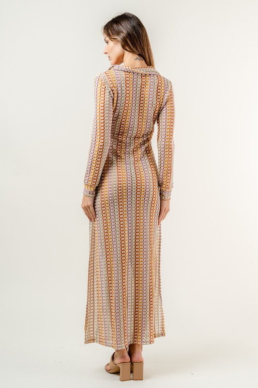 Marrakech 70s Style Rainbow Open Knit Collared Sheer Maxi Dress