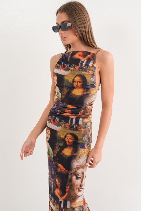 Mona Lisa Painting Photo Mesh Open Back Dress