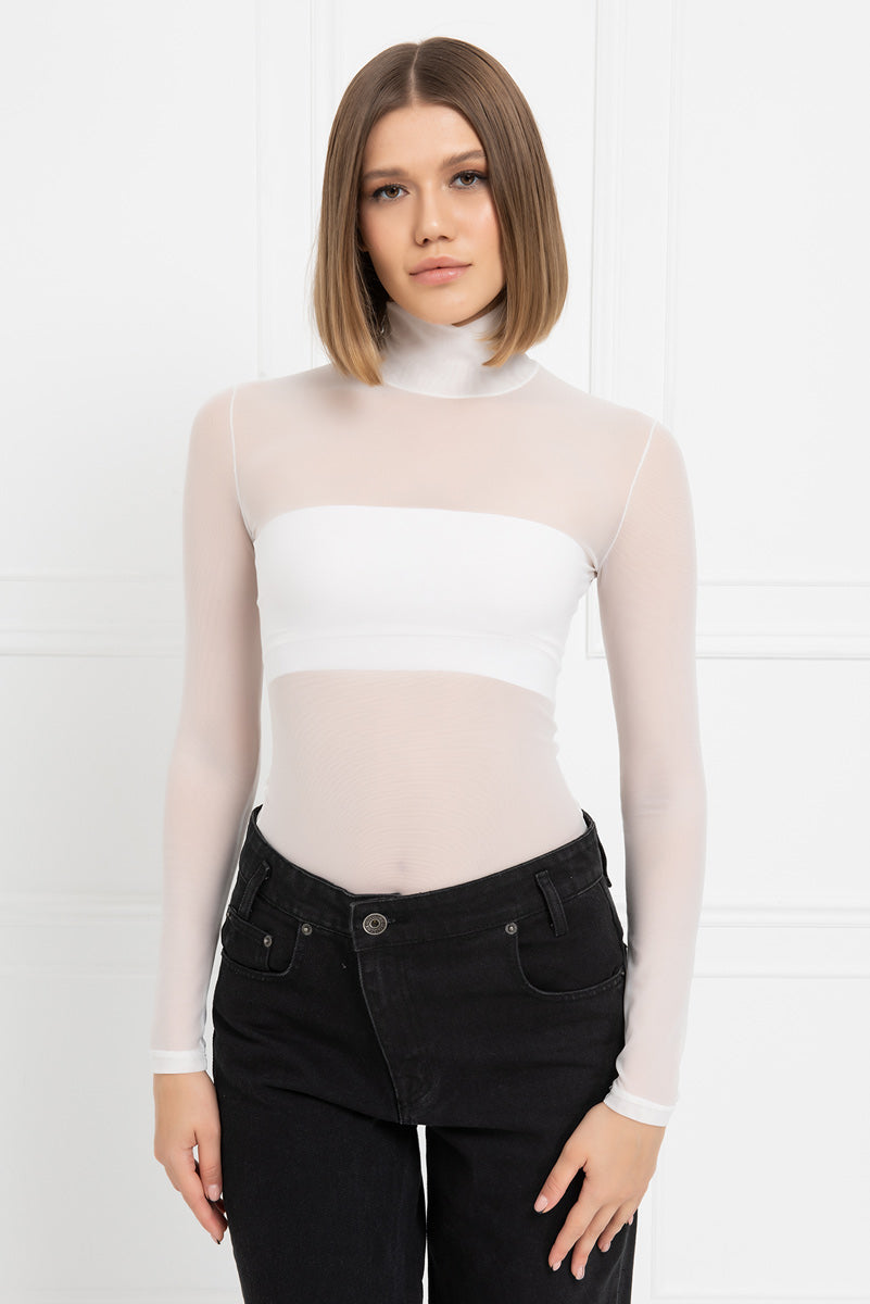 Nadia Sheer Mesh Basic Long Sleeve Mock Neck - White