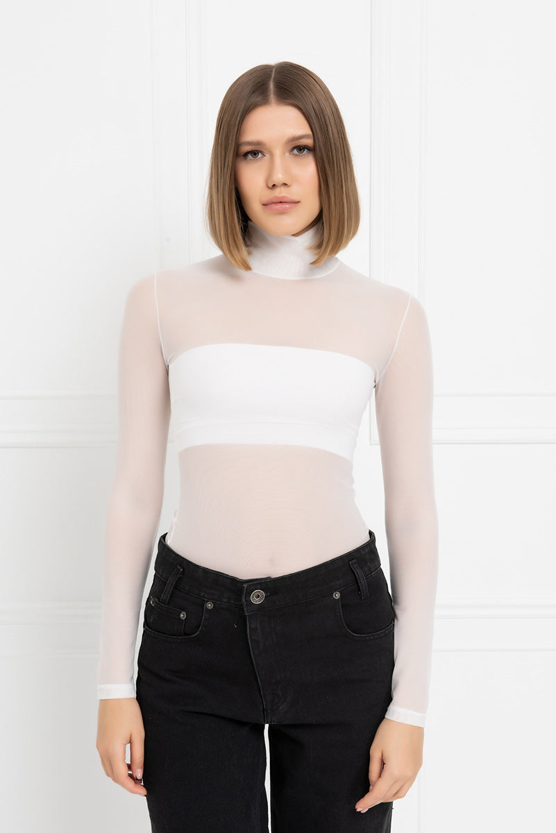 Nadia Sheer Mesh Basic Long Sleeve Mock Neck - White