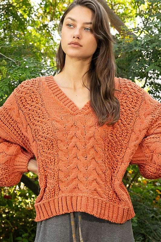 Pumpkin Spice Chenille Cable V Neck Sweater