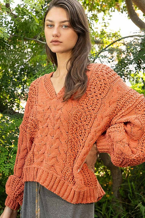 Pumpkin Spice Chenille Cable V Neck Sweater