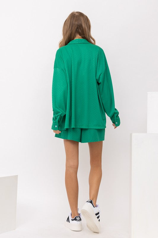 Nyla Checker Jersey Button Down OS Dad Shirt - Emerald