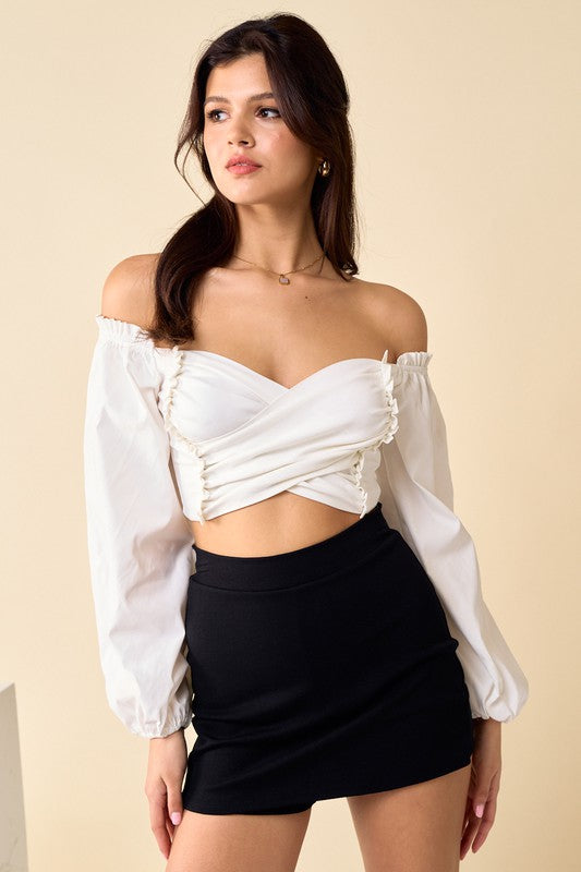 Selena Off Shoulder Puff Sleeve Crop Top - Off White