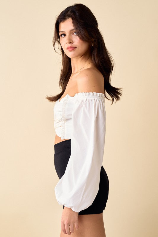 Selena Off Shoulder Puff Sleeve Crop Top - Off White