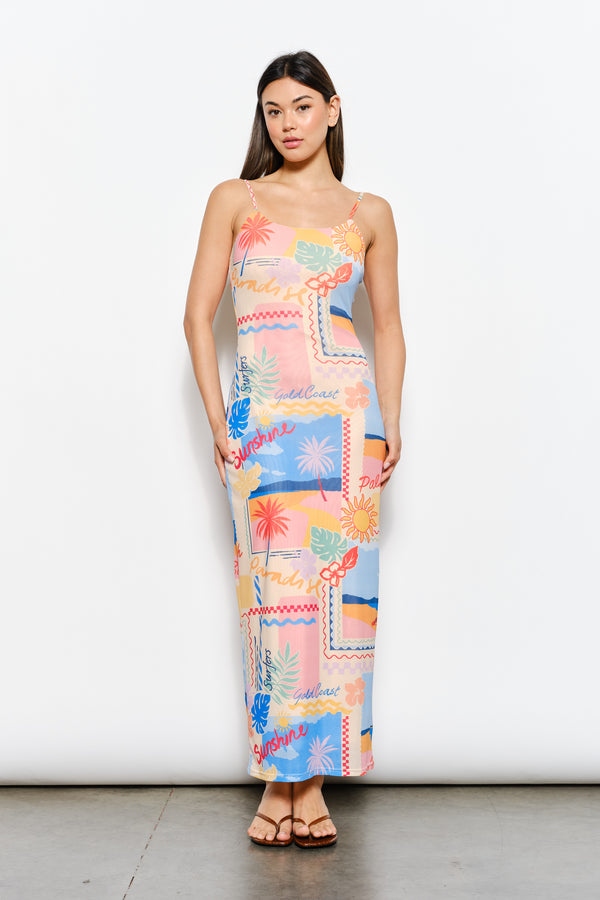 La Palma Scenic Novelty Print Mesh Column Maxi Dress