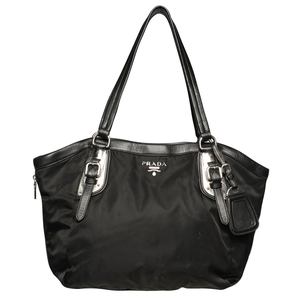 Prada Nylon Zipper Leather Shoulder Tote Hobo Bag
