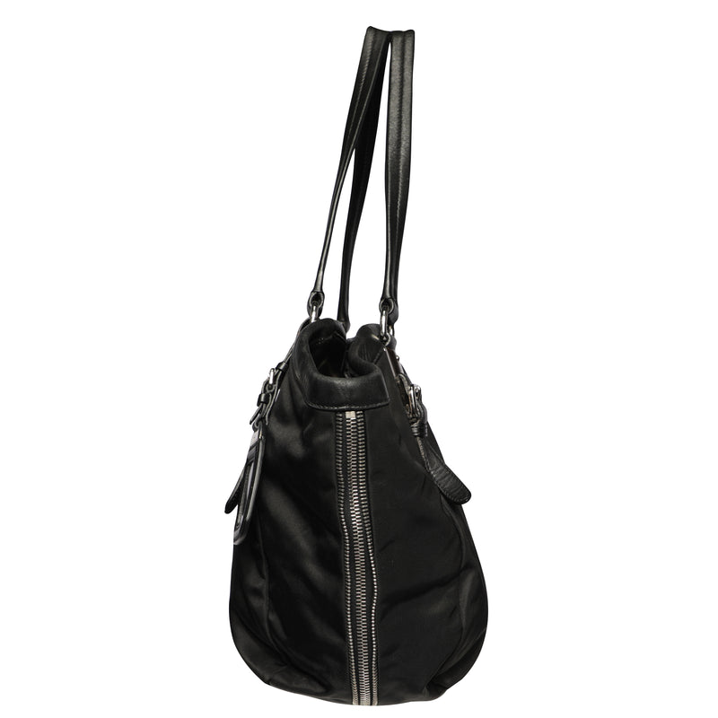 Prada Nylon Zipper Leather Shoulder Tote Hobo Bag