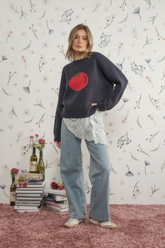 Roma Tomato Intarsia Knit Crew Sweater