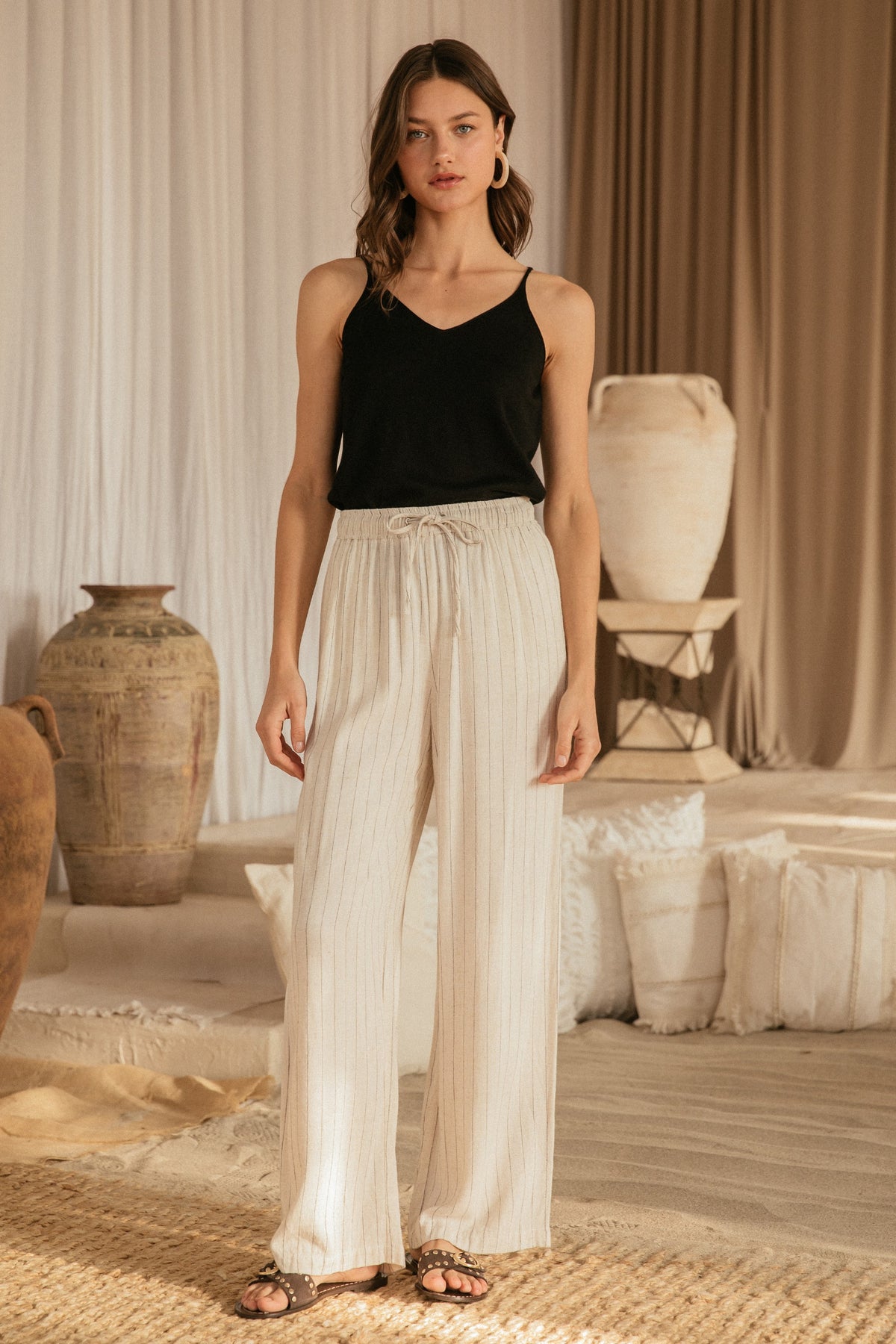 Billie Linen Stripe Pull On Wide Leg Pants - Natural/Black