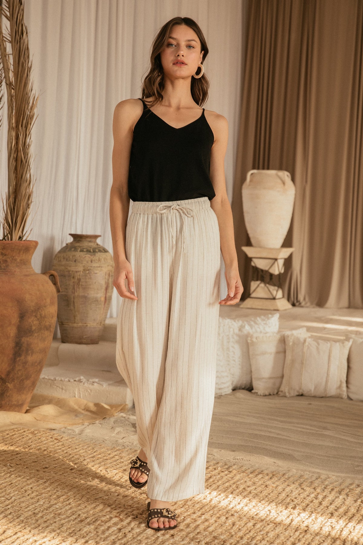 Billie Linen Stripe Pull On Wide Leg Pants - Natural/Black