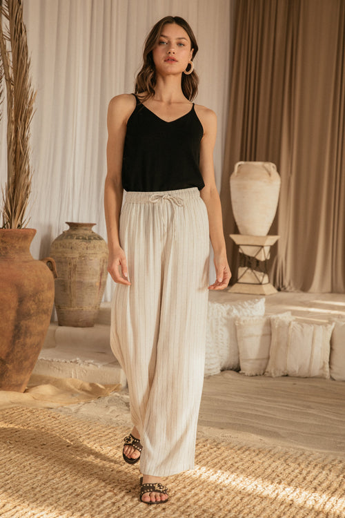 Billie Linen Stripe Pull On Wide Leg Pants - Natural/Black