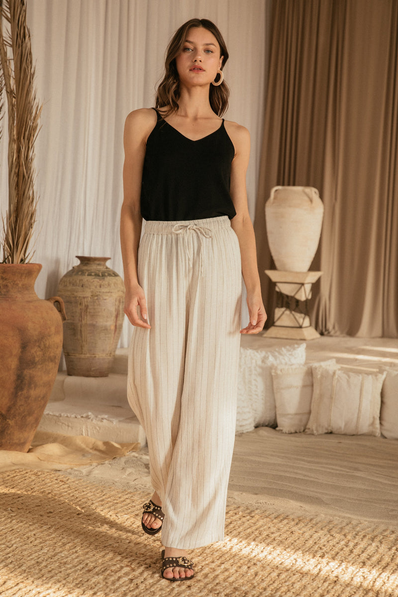 Billie Linen Stripe Pull On Wide Leg Pants - Natural/Black