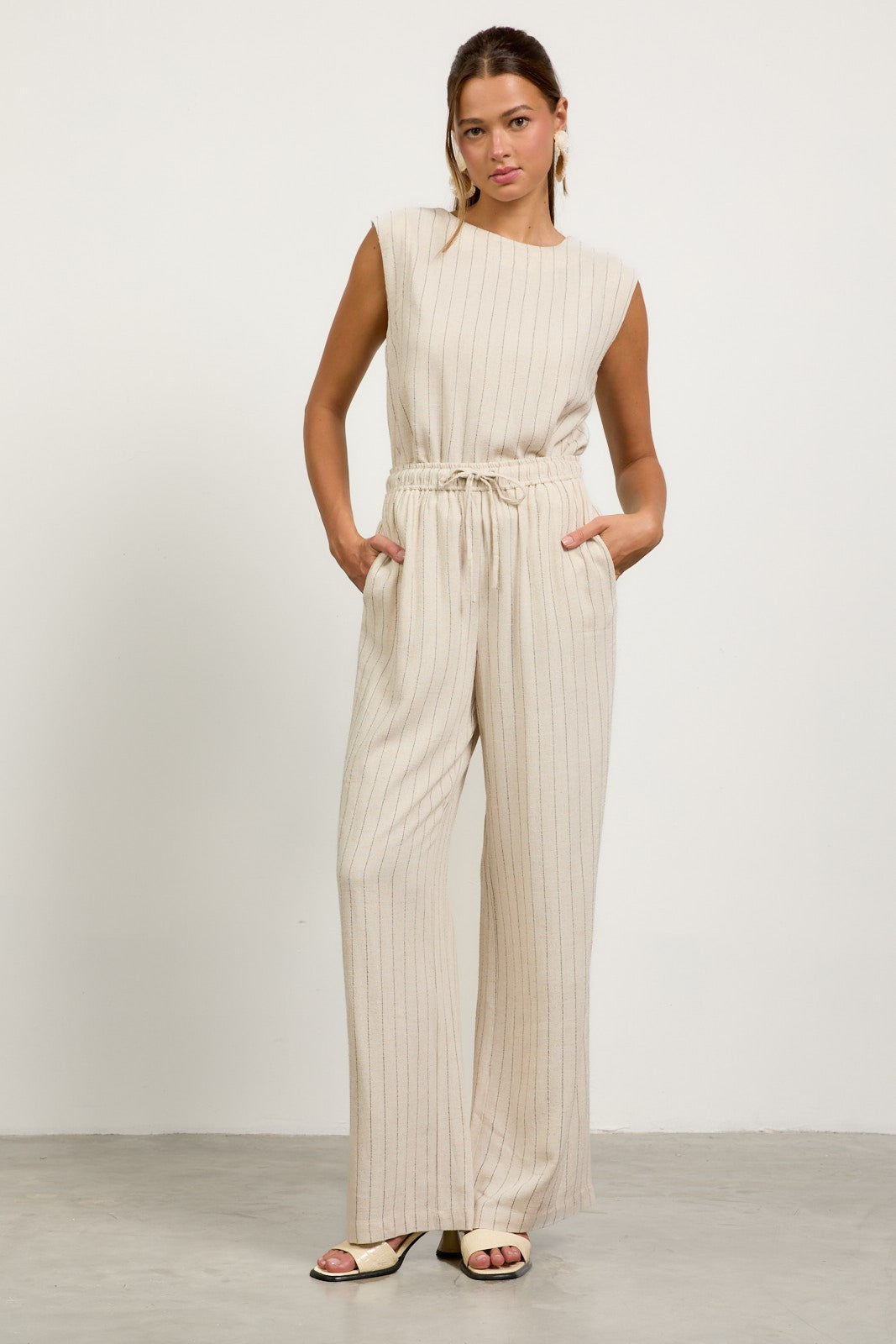 Billie Linen Stripe Pull On Wide Leg Pants - Natural/Black