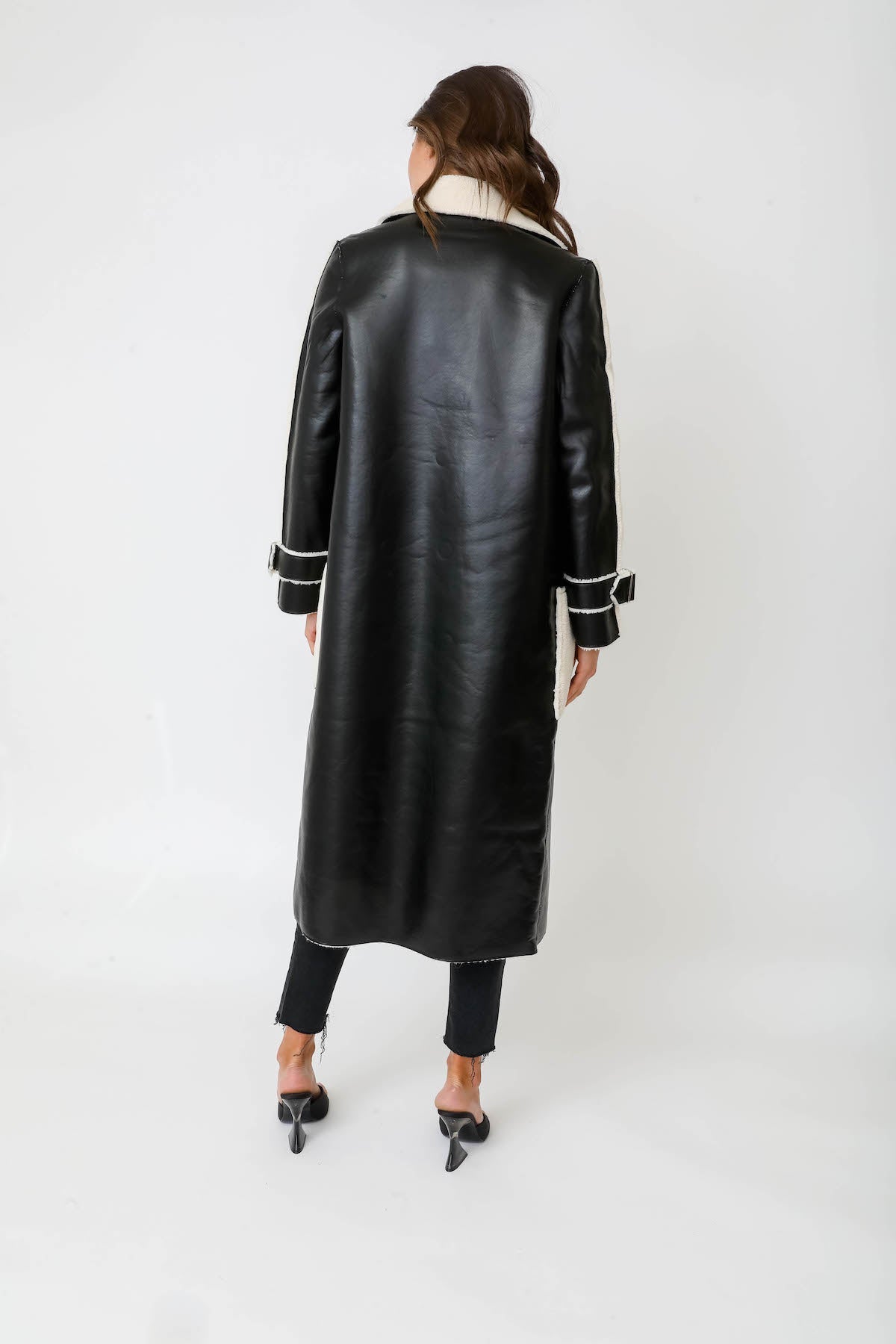 Gia Faux Shearling Vegan Leather Reversible Long Coat - Black/Cream