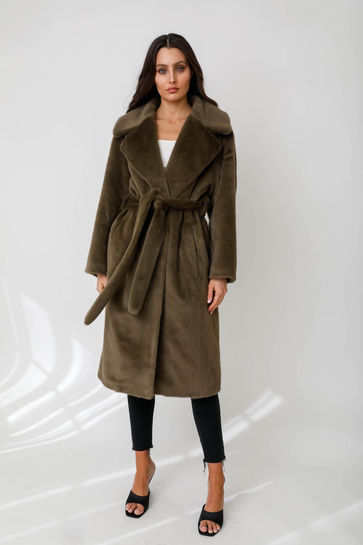 Margot Faux Mink Fur Wrap Collar Coat w/ Belt - Olive