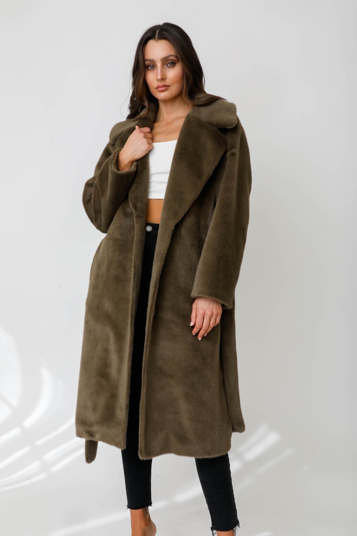 Margot Faux Mink Fur Wrap Collar Coat w/ Belt - Olive – Mint Market