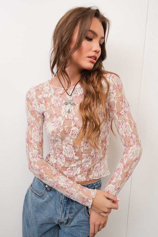 Camila Sheer Floral Lace Long Sleeve Top - Ivory